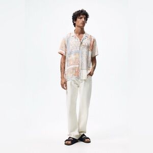 Zara men’s vacation camp collar linen style viscose button down short sleeve